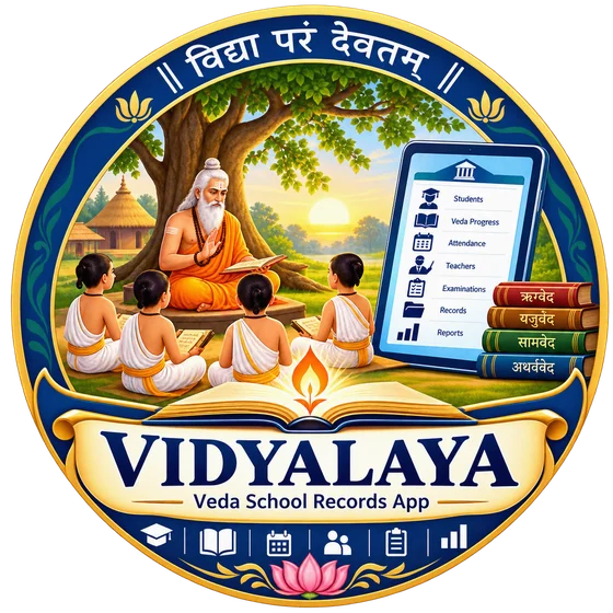 The Vidyalaya emblem: a guru teaching students under a tree, with the motto vidyā paraṁ daivatam.